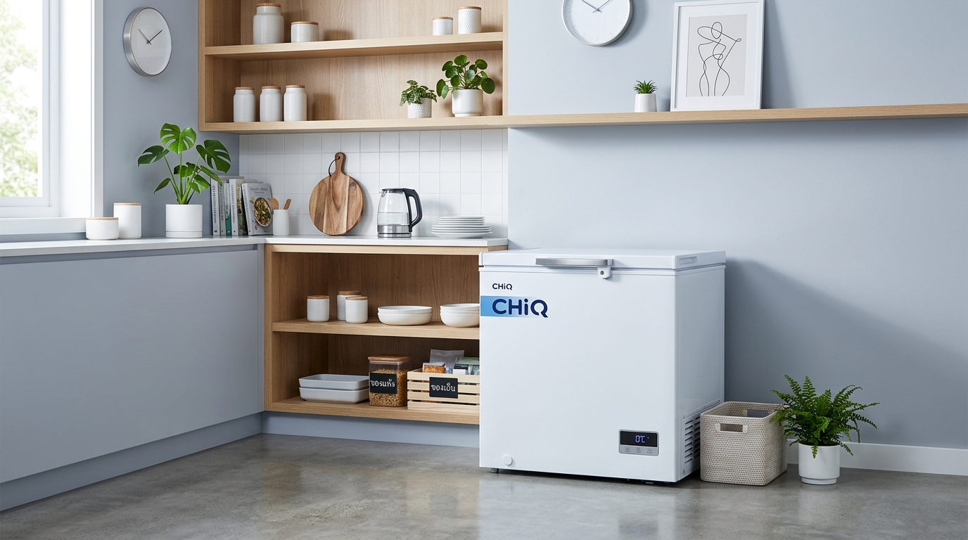 A neatly organized kitchen corner featuring a modern chest freezer and minimalist home decor