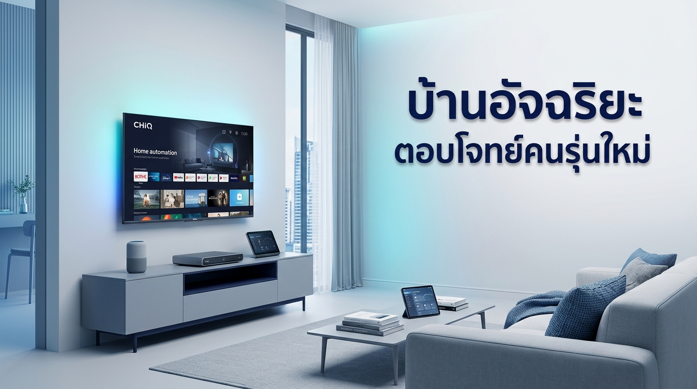 A modern minimalist living room with smart home appliances integrated into the design