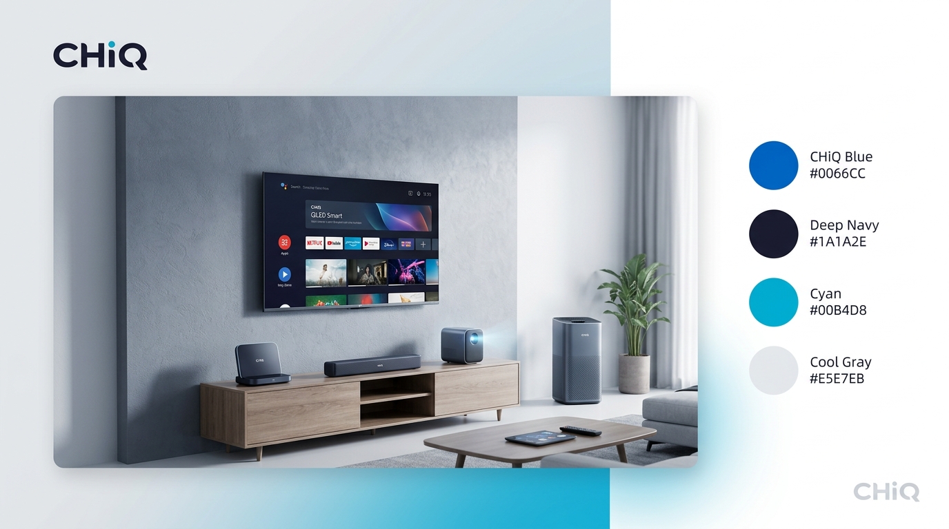 A modern living room featuring smart home devices with clean interior design and soft lighting