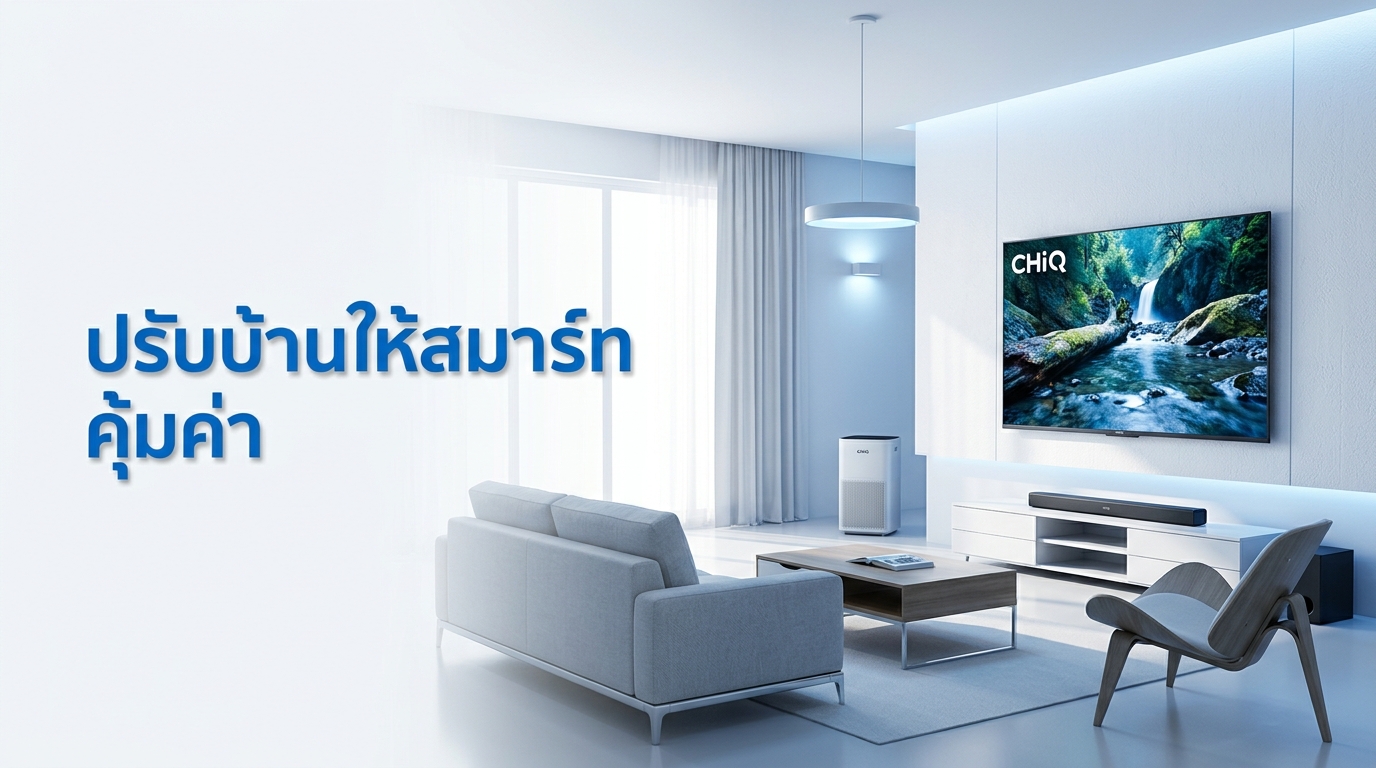 A modern living room setup with minimalist furniture, smart lighting, and CHiQ appliances integrated into a clean, bright home environment.